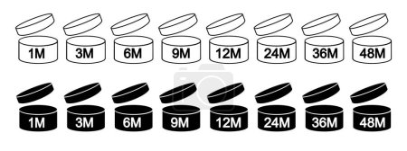 Illustration for PAO icons pack. Period after opening signs. Jars with open lids and months numbers. Product freshness time. Cosmetic, shampoo, makeup validity labels isolated on white background. Vector illustration - Royalty Free Image