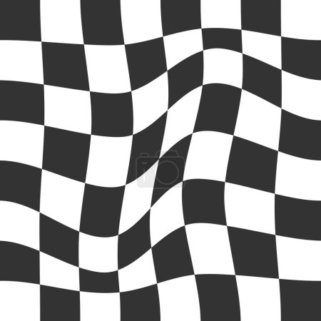 Illustration for Distorted chessboard background. Psychedelic pattern with warped black and white squares. Race flag or plaid texture. Trippy checkerboard surface. Checkered visual illusion. Vector illustration - Royalty Free Image