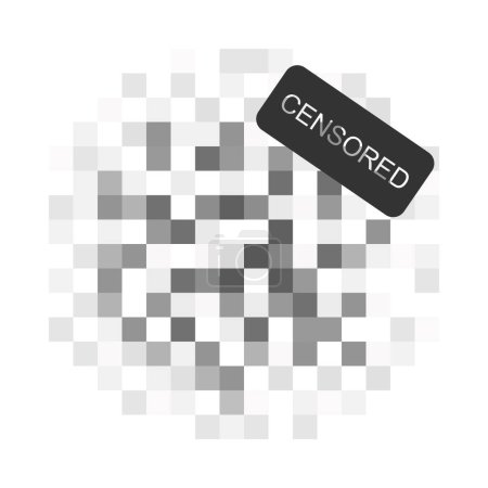 Round shaped pixel checkered mosaic texture with inscription censored. Gray censor blur effect pattern hiding prohibited content. Parental control, adult only, privacy concept. Vector illustration
