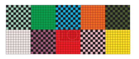 Photo for Set of checkered background samples. Patterns with color squares. Checherboard or chessboard textures in retro 60s 70s 80s 90s style. Vintage wallpaper with geometric print. Vector flat illustration - Royalty Free Image
