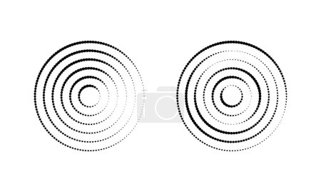 Kreisrunde Wellensymbole. Konzentrische Kreise mit gebrochenen gestrichelten Linien, isoliert auf weißem Hintergrund. Wirbel, Whirlpool, Sonarwelle, Schallwelle, Sonneneruption, Signal, Echozeichen. Vektorgrafische Illustration