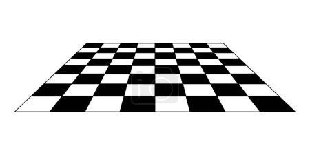 Empty chessboard plane in perspective. Tiled mosaic floor. Sloped checkerboard texture. Inclined board with black and white squares pattern isolated on white background. Vector flat illustration.