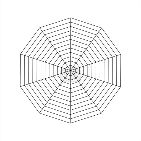 Diagramme décagonal divisé sur des segments égaux. Graphique statistique ou analytique, graphique radar ou araignée, modèle de suivi de roue de vie ou d'habitudes isolé sur fond blanc. Illustration graphique vectorielle.