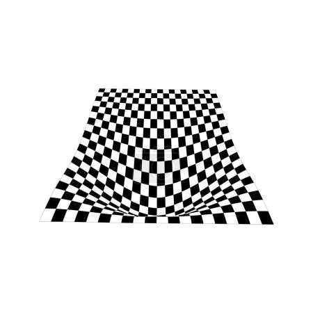 Checkered plane distortion in perspective. Warped tile floor. Curvatured checkerboard texture. Convex board with squared pattern. Gravity phenomenon. Vector graphic illustration.
