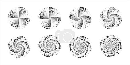 Circular ripple icons. Concentric circles with swirled polka dot lines isolated on white background. Vortex, sonar wave, soundwave, whirlpool, black hole signs. Vector graphic illustration.