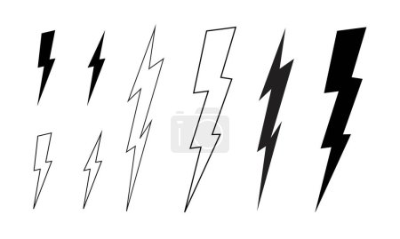 Set of bolt icons. Thunder, electric light flash, battery charging, warning, energy or power signs. Speed, shock or strike anime symbols isolated on white background. Vector graphic illustration.
