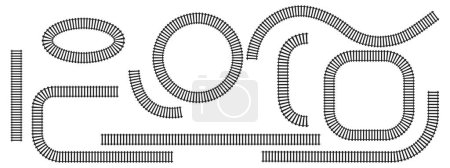 Set of railroad segments. Rail road elements top view. Train track straight and waved lines, circle and oval frames isolated on white background. Fence or stairs texture. Vector graphic illustration.