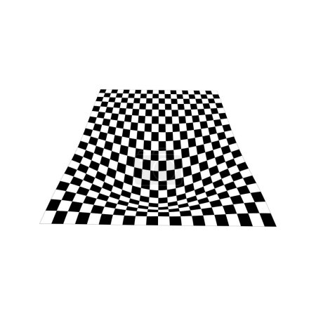Distorted checkered plane in perspective. Warped tile floor. Curvatured checkerboard texture. Convex board with squared pattern. Gravity phenomenon. Vector flat illustration.