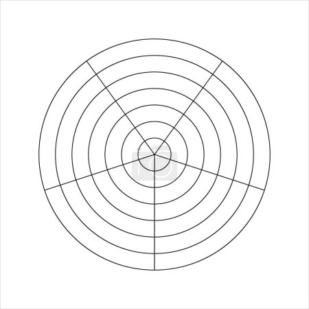 Runddiagramm mit konzentrischen Kreisen, die auf 5 gleiche Sektoren aufgeteilt sind. Pie Radardiagramm, Lebensrad oder Gewohnheiten Tracker-Vorlage mit 5 Segmenten isoliert auf weißem Hintergrund. Vektorgrafische Illustration.