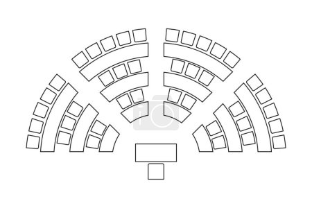 Photo for Auditorium seatings plan top view, semicircle arrangment. Schema of seats in classroom, lectorium or meeting, conference, training or seminar event. Desks and chairs icons. Vector graphic illustration - Royalty Free Image