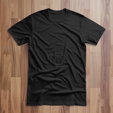 T-shirt noir uni pose a plat sur un fond de planches en bois
