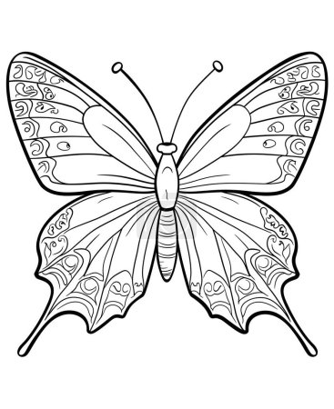 Photo for Ink drawing, black and white page, coloring page for children, a beautiful butterfly, flowers and leaves, coloring for children, black and white, low details, thick outlines, isolated, white backgroun - Royalty Free Image