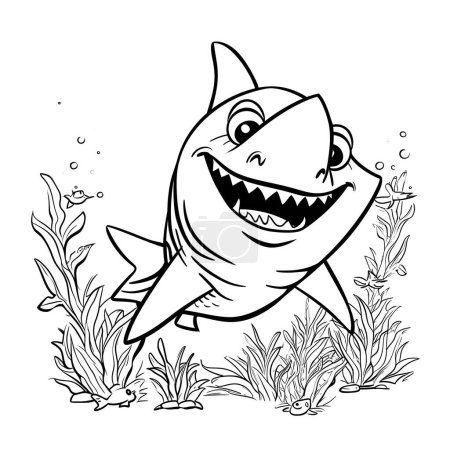 cute Sea shark, kids coloring book, black lines, no black shade, white background, sharp lines, bold lines, under the sea in the background no shade,