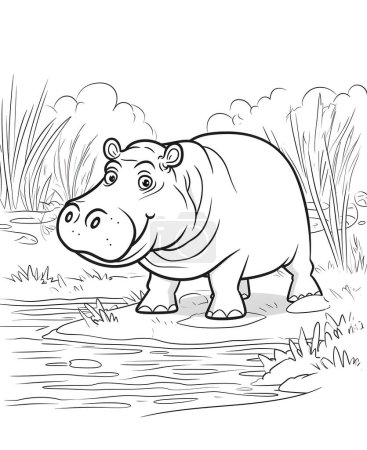 Photo for Cute funny, feel good hippopotamus, on the river, kid coloring book, jungle background, black lines, no black shade, white background, sharp lines, bold lines, low detail, - Royalty Free Image