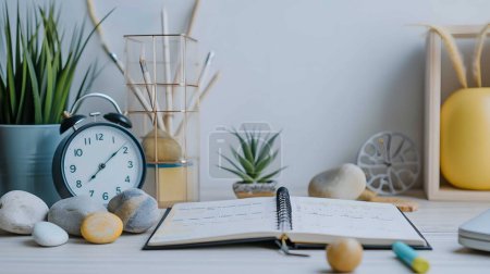 Photo for Retro alarm clock showing five minutes to eleven and wooden cubes with word TIME on lunch table - Royalty Free Image