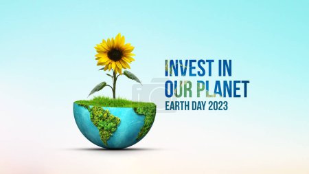 Photo for Invest in our planet- World Environment day 3d concept design. Happy Environment day, 05 June. Green earth with sunflower plant isolated on white background. - Royalty Free Image