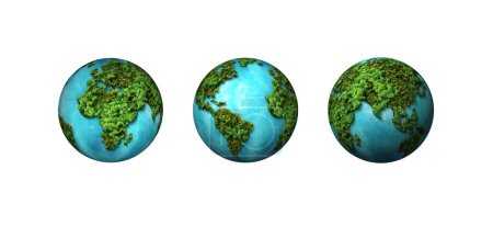 Foto de Green World Map- Árbol 3D o forma de bosque de mapa del mundo aislado sobre fondo blanco. Mapa Mundial Planeta Verde Día de la Tierra o Día del Medio Ambiente Concepto. Tierra verde con coche eléctrico. Concepto de acuerdo París. - Imagen libre de derechos
