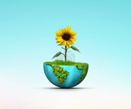 Photo for Invest in our planet- World Environment day concept design. Happy Environment day, 05 June. Green earth with sunflower plant isolated on white background. - Royalty Free Image