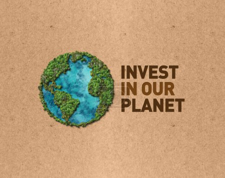 Foto de Invest in our planet. Earth day 2023 3d concept background. Ecology concept. Design with 3d globe map drawing and leaves isolated on white background. - Imagen libre de derechos
