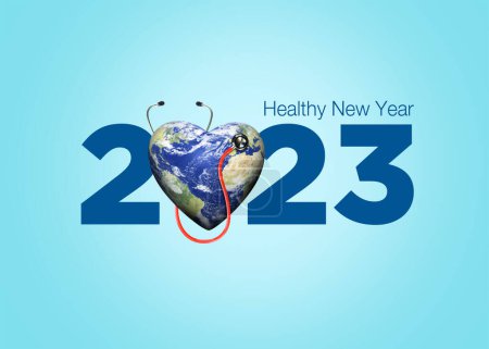 Foto de 2023 año nuevo Concepto de salud. Saludable año nuevo 3D creativo para 2023 año nuevo. Estetoscopio médico con corazón sonriente y fondo azul. - Imagen libre de derechos