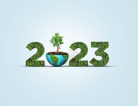 Foto de New Year 2023 green recycling and save our planet and earth environment. World water day 2023. Earth day 2023 3d concept. - Imagen libre de derechos