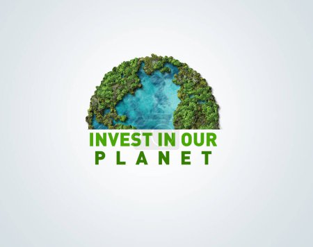 Photo for Invest in our planet. Earth day 2023 3d concept background. Ecology concept. Design with 3d globe map drawing and leaves isolated on white background. - Royalty Free Image