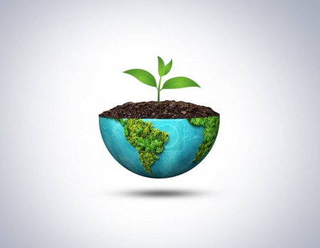 Téléchargez les photos : Un seul terre- Journée mondiale de l'environnement concept 3d design. Joyeuse journée de l'environnement, le 05 juin. Terre verte avec jeune plante sur fond de nature vert flou. - en image libre de droit