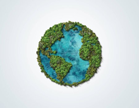 Téléchargez les photos : Carte du monde verte- forme d'arbre ou de forêt 3D de la carte du monde isolé sur fond blanc. Carte du monde Planète verte Jour de la Terre ou Journée de l'environnement Concept. Terre verte avec voiture électrique. Accord de Paris concept. - en image libre de droit