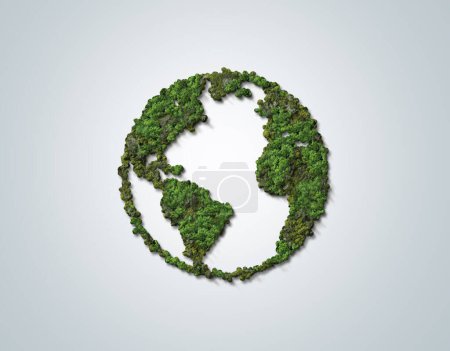 Téléchargez les photos : Carte du monde verte- forme d'arbre ou de forêt 3D de la carte du monde isolé sur fond blanc. Carte du monde Planète verte Jour de la Terre ou Journée de l'environnement Concept. Journée mondiale des forêts. - en image libre de droit
