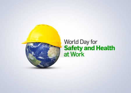Día Mundial de la Seguridad y la Salud en el Trabajo. El planeta Tierra y el símbolo del casco de seguridad y salud en el lugar de trabajo. Concepto de seguridad y salud en el trabajo.