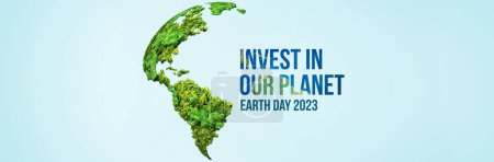 Foto de Invest in our planet. Earth day 2023 3d concept background. Ecology concept. Design with 3d globe map drawing and leaves isolated on white background. - Imagen libre de derechos