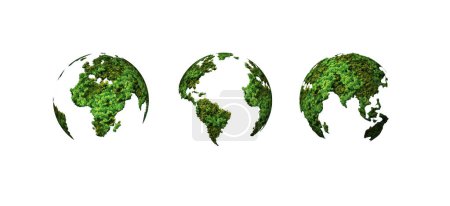 Téléchargez les photos : Carte du monde verte- forme d'arbre ou de forêt 3D de la carte du monde isolé sur fond blanc. Carte du monde Planète verte Jour de la Terre ou Journée de l'environnement Concept. Journée mondiale des forêts. - en image libre de droit