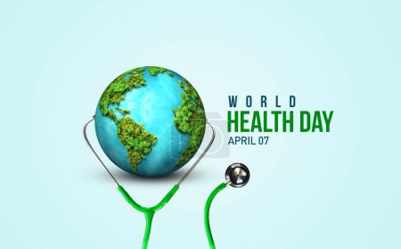 Foto de Health For All. World Health day 2023 concept background. World health day 3D concept text design with doctor stethoscope. - Imagen libre de derechos