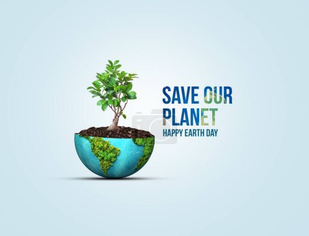 Photo for Save our planet. Earth day 3d concept background. Ecology concept. Design with 3d globe map drawing and leaves isolated on white background. - Royalty Free Image