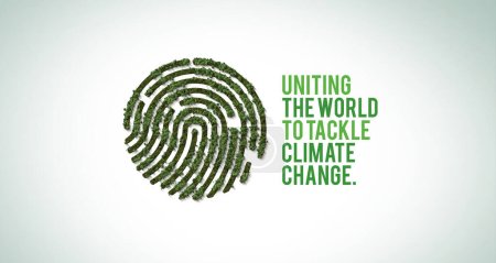 Foto de Unir al mundo para hacer frente al cambio climático. World Environment day concept 2023 3d tree background (en inglés). icono de huella dactilar banner de corte de papel con bosque verde. - Imagen libre de derechos
