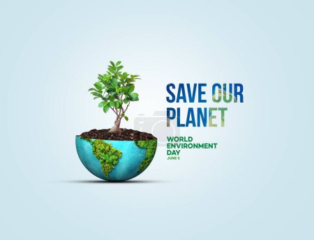 Photo for World environment day 2023 3d concept background. Ecology concept. Design with globe map drawing and leaves isolated on white background. Save our planet. - Royalty Free Image