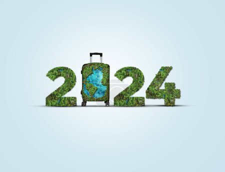 Foto de 2024 año nuevo Mundial turismo creativo 3D concepto de fondo. Bolsa de viaje verde con 2024 texto de año nuevo. - Imagen libre de derechos