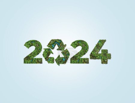 Foto de Feliz Año Nuevo 2024 reciclaje verde y salvar nuestro planeta y el medio ambiente de la tierra. Día Mundial del Agua 2024. Día de la Tierra 2024 concepto. - Imagen libre de derechos