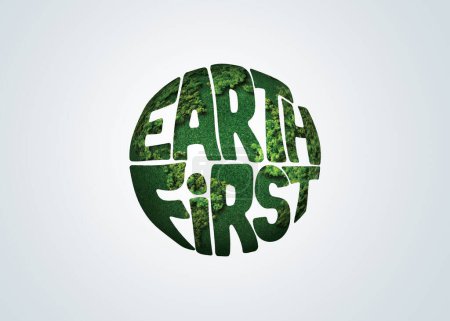 Photo for Earth First Text Design. Earth day 2024 3d concept background. Ecology concept. Design with 3d globe map drawing and leaves isolated on white background. - Royalty Free Image