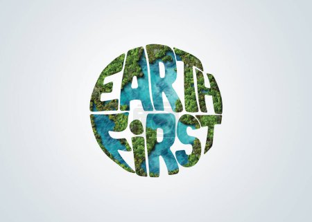 Téléchargez les photos : Earth First Text Design. Jour de la Terre 2024 3d concept fond. Concept d'écologie. Conception avec carte 3D globe dessin et feuilles isolées sur fond blanc. - en image libre de droit