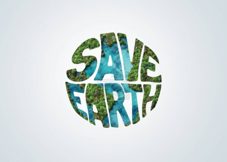 Photo for Save Earth Text Design. Earth day 2024 3d concept background. Ecology concept. Design with 3d globe map drawing and leaves on white background - Royalty Free Image
