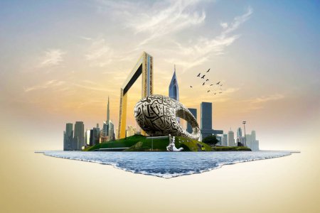 Dubai Stadt 3D-Konzept Hintergrund. atemberaubende Skyline des Stadtzentrums mit luxuriösen Wolkenkratzern bei Sonnenaufgang, Vereinigte Arabische Emirate
