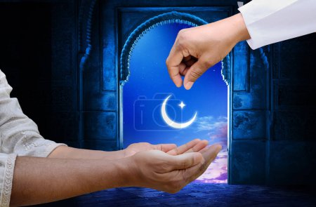 Eid al-Fitr and Ramadan concept background. Giving zakat or sadaqah to poor people Islamic concept background.