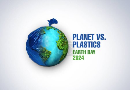 Foto de Planeta vs. Plásticos, Día de la Tierra 2024 concepto 3d fondo del árbol. Concepto de ecología. Diseño con dibujo de mapa de globo y hojas aisladas sobre fondo blanco. - Imagen libre de derechos
