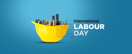 Happy Labour Day Konzept. 1. Mai - Internationaler Tag der Arbeit 3D-Konzept. Arbeitssicherheit und Recht am Arbeitsplatz. Welttag für Sicherheit und Gesundheit am Arbeitsplatz. Soziale Gerechtigkeit und menschenwürdige Arbeit für alle