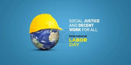 Foto de Concepto del Día del Trabajo. 1 de mayo- Día Internacional del Trabajo 3d concepto. Seguridad laboral y justo en el lugar de trabajo. Día Mundial de la Seguridad y la Salud en el Trabajo. Justicia social y trabajo decente para todos - Imagen libre de derechos