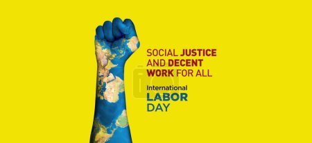 Foto de Concepto del Día del Trabajo. 1 de mayo- Día Internacional del Trabajo 3d concepto. Seguridad laboral y justo en el lugar de trabajo. Día Mundial de la Seguridad y la Salud en el Trabajo. Justicia social y trabajo decente para todos - Imagen libre de derechos