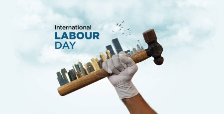 Joyeux concept de fête du travail. 1er mai- Journée internationale du travail concept 3d. Sécurité au travail et droit sur le lieu de travail. Journée mondiale de la sécurité et de la santé au travail concept. Justice sociale et travail décent pour tous