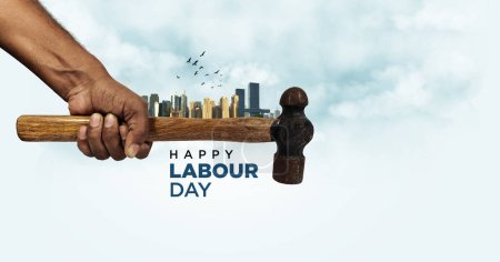 Happy Labour Day Konzept. 1. Mai - Internationaler Tag der Arbeit 3D-Konzept. Arbeitssicherheit und Recht am Arbeitsplatz. Welttag für Sicherheit und Gesundheit am Arbeitsplatz. Soziale Gerechtigkeit und menschenwürdige Arbeit für alle