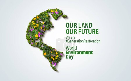 Konzept zum Weltumwelttag 2024 - Landrenaturierung, Wüstenbildung und Widerstandsfähigkeit gegen Dürren, 3D-Baumhintergrund. Ökologiekonzept. Wir sind # GenerationRestoration